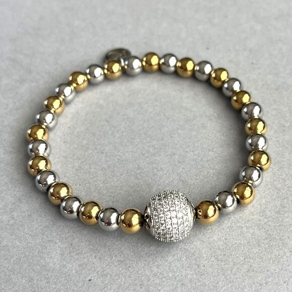 Rustic Cuff Gold and Silver Stainless Beads Pave Focal Bead Stretch Bracelet - Picture 1 of 4